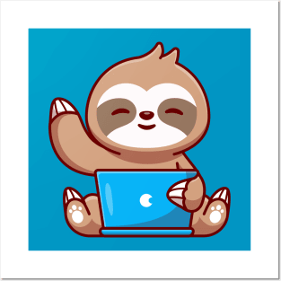 Cute Sloth Working On Laptop Cartoon Posters and Art